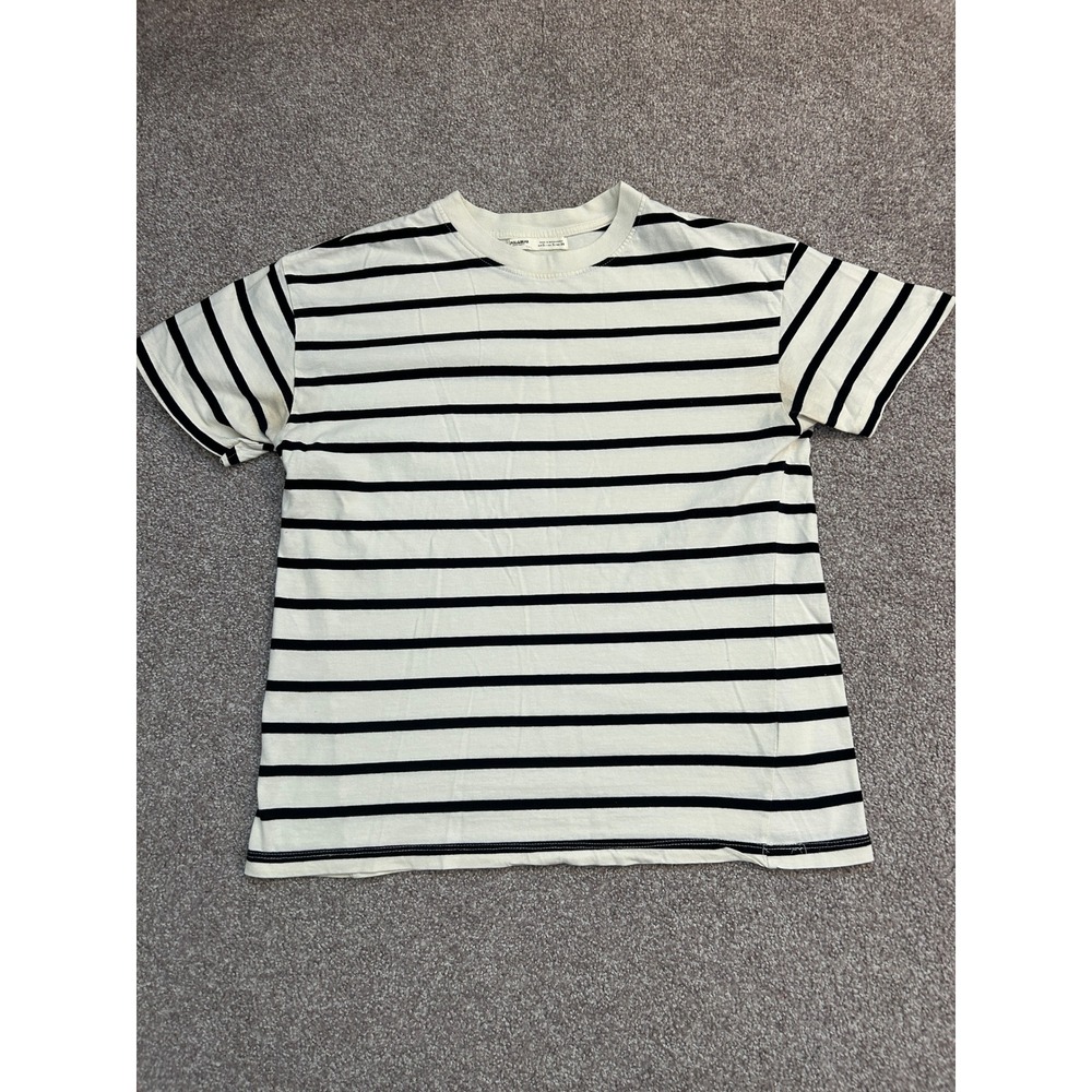 Pull&Bear Striped T-Shirt Women Small Cream Black Excellent Crew Neck Casual